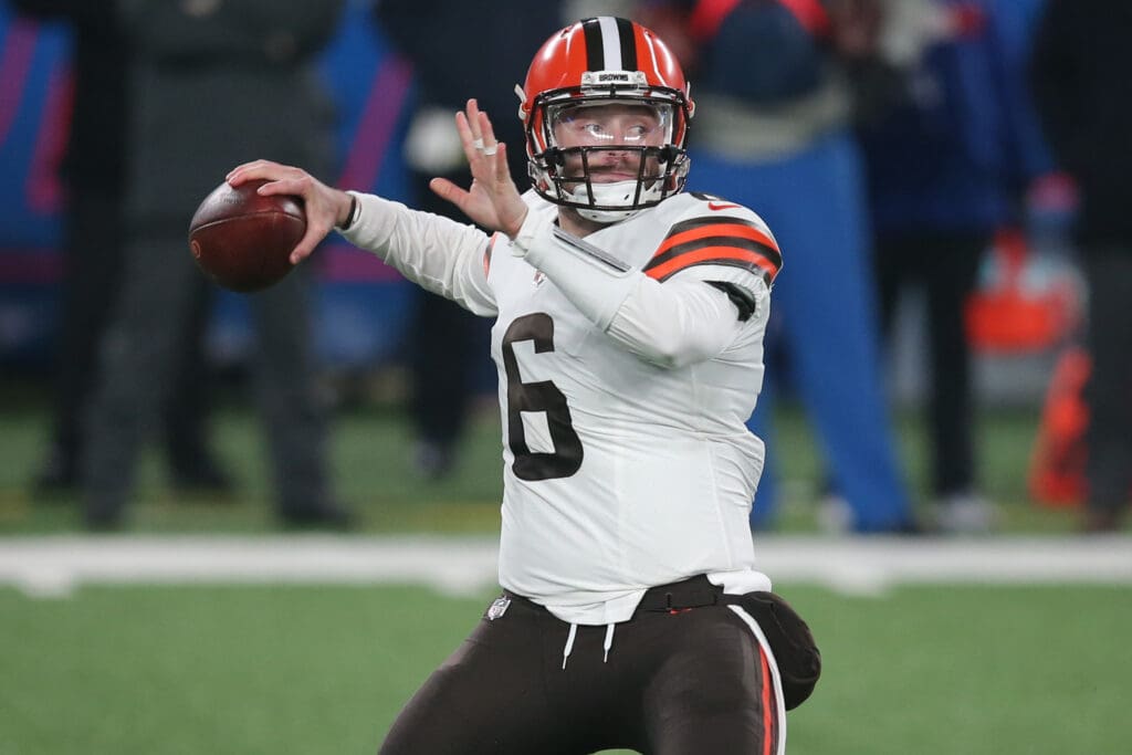 Dec 20, 2020; East Rutherford, New Jersey, USA; Cleveland Browns quarterback Baker Mayfield (6) drops back to pass against the New York Giants during the first quarter at MetLife Stadium. Mandatory Credit: Brad Penner-USA TODAY Sports