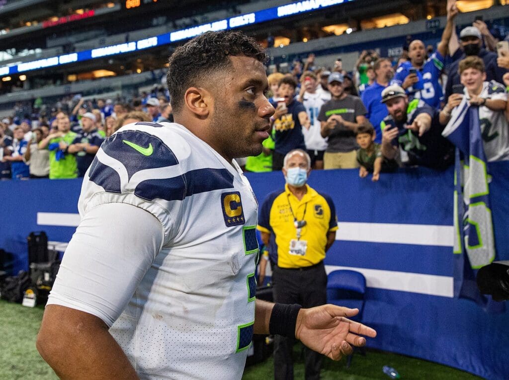 Seattle Seahawks quarterback Russell Wilson (3) leaves the field after facing the Indianapolis Colts on Sunday, Sept. 12, 2021, at Lucas Oil Stadium and Indianapolis. The Seahawks defeated the Colts, 28-16. Indianapolis Colts And Seattle Seahawks On Nfl Week 1 At Lucas Oil Stadium Sunday Sept 12 2021