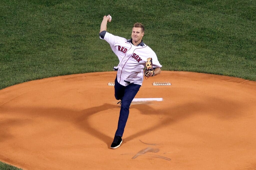 Oct 18, 2021; Boston, Massachusetts, USA; Former Boston Red Sox pitcher Jonathan Papelbon throws a ceremonial first pitch before game three of the 2021 ALCS against the Houston Astros at Fenway Park. Mandatory Credit: Paul Rutherford-USA TODAY Sports
