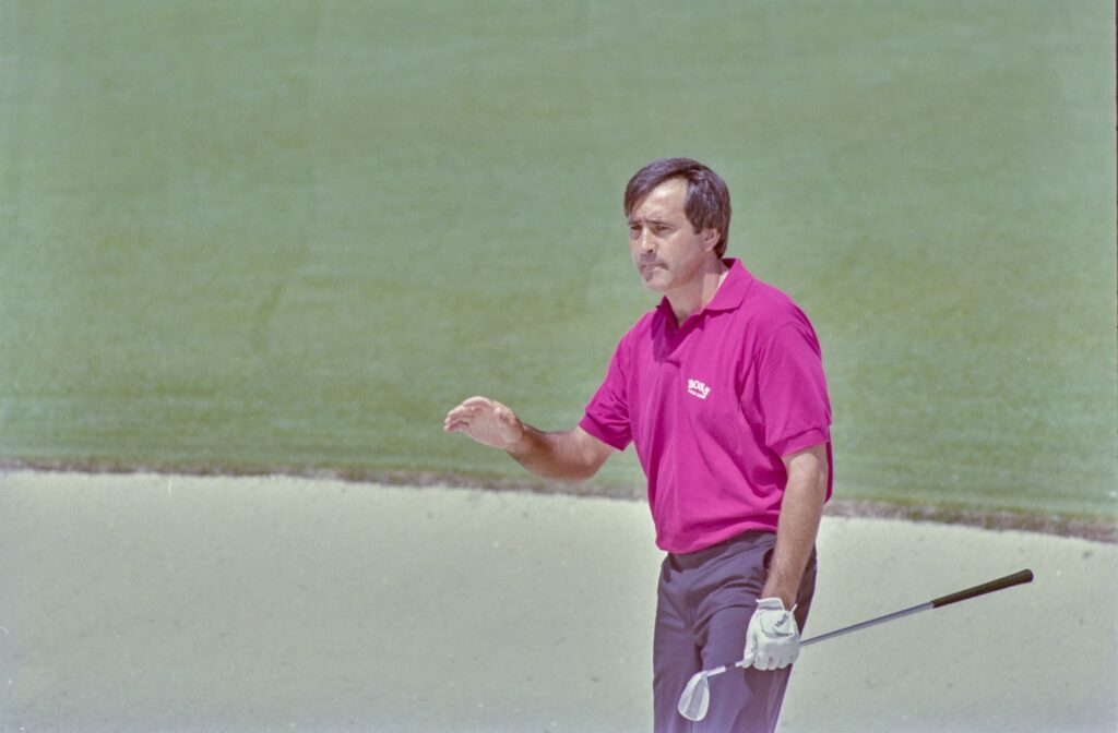 04/12/1992; Augusta, Georgia, USA; Seve Ballesteros acknowledges crowd after bunker shot at the Augusta National Golf Course during the 1992 Masters. Mandatory Credit: Blake Madden -The Augusta Chronicle via USA TODAY NETWORK