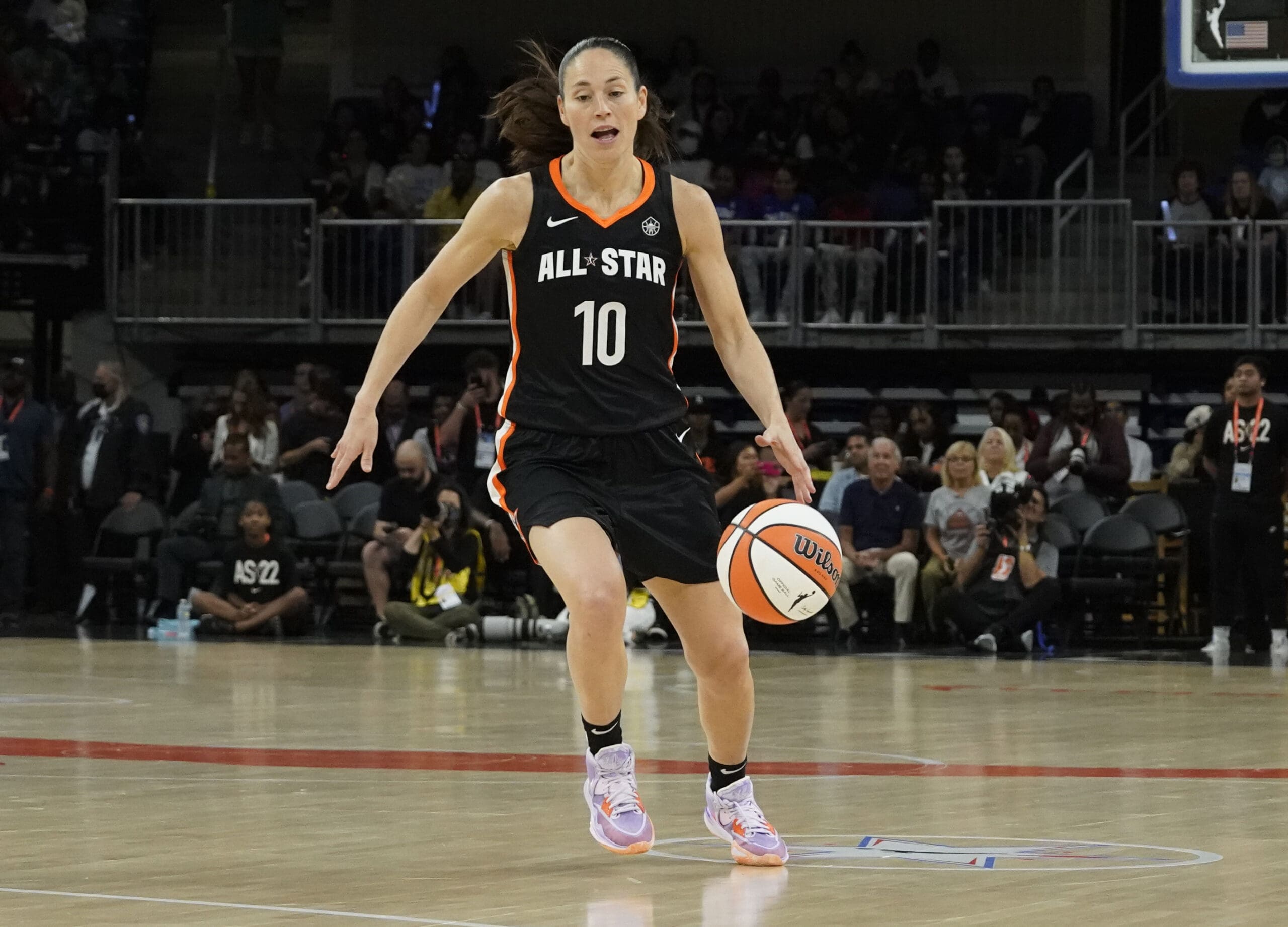 Jul 10, 2022; Chicago, Ill, USA; Team Stewart guard Sue Bird (10) during the first half of the WNBA All Star Game at Wintrust Arena. Mandatory Credit: David Banks-USA TODAY Sports