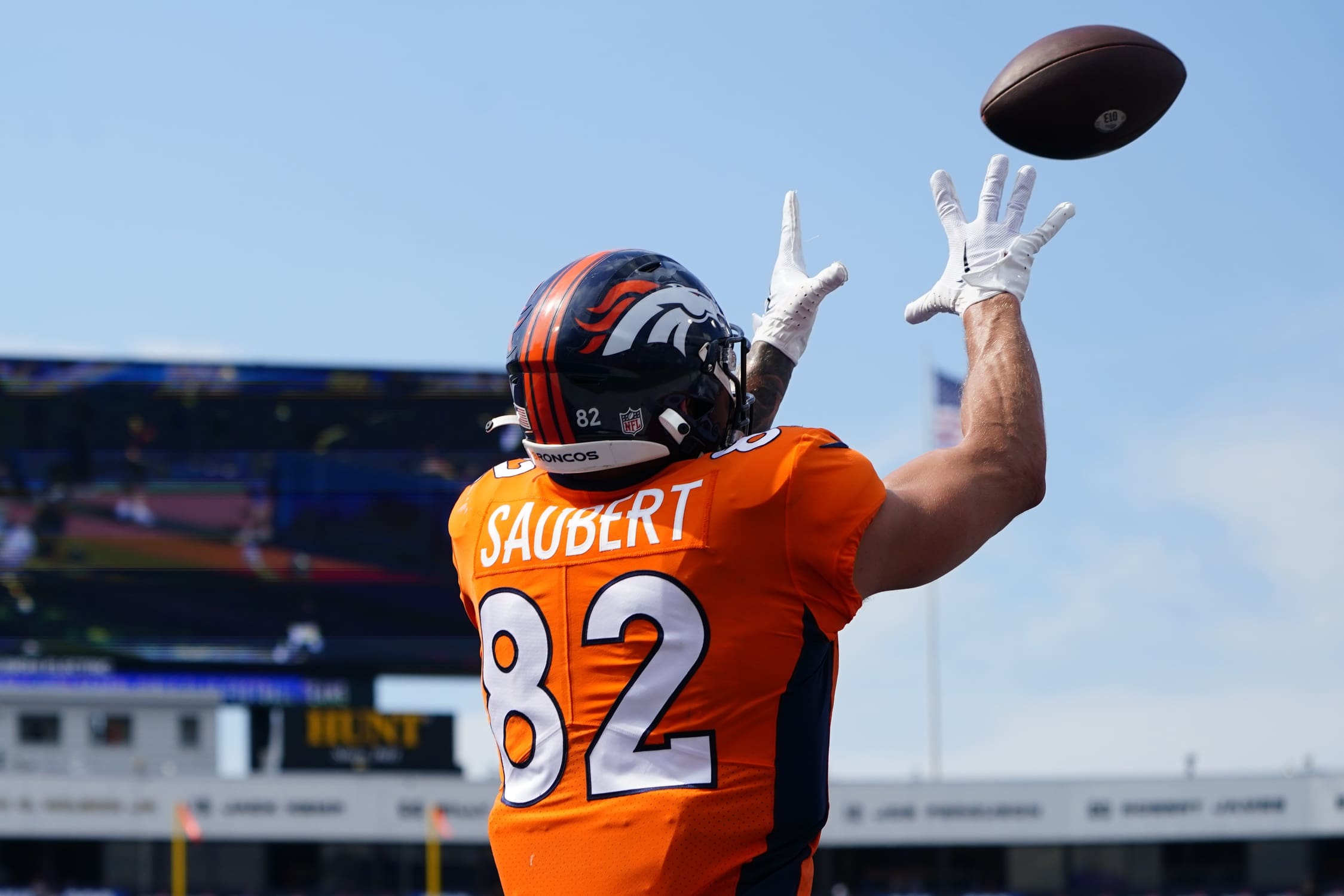 Aug 20, 2022; Orchard Park, New York, USA; Denver Broncos tight end Eric Saubert (82) catches a pass for a touchdown against the Buffalo Bills during the second half at Highmark Stadium. Mandatory Credit: Gregory Fisher-USA TODAY Sports