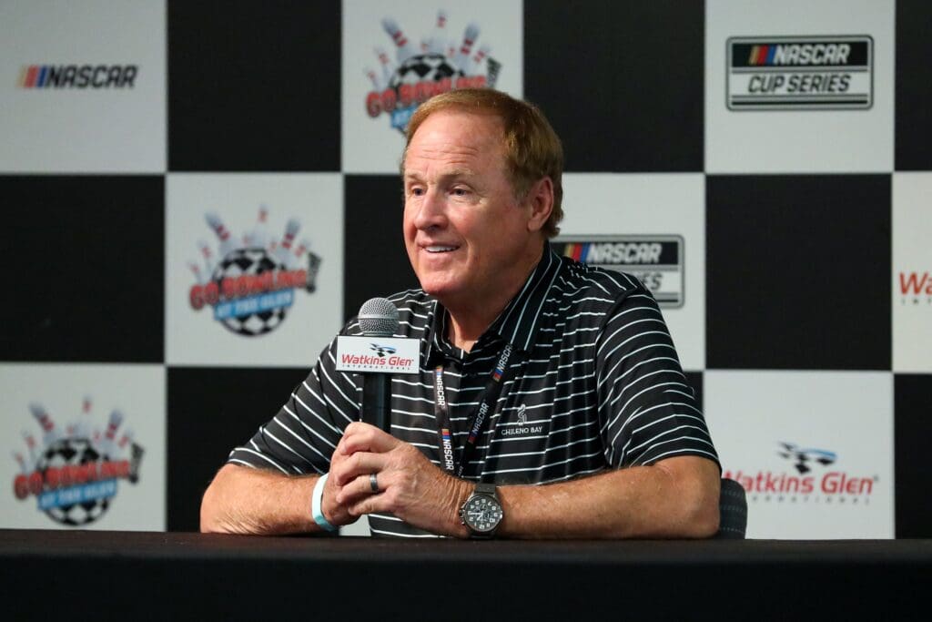 Aug 21, 2022; Watkins Glen, New York, USA; Retired NASCAR Cup Series driver Rusty Wallace speaks in the media center prior to the Go Bowling at The Glen at Watkins Glen International. Mandatory Credit: Matthew OHaren-USA TODAY Sports