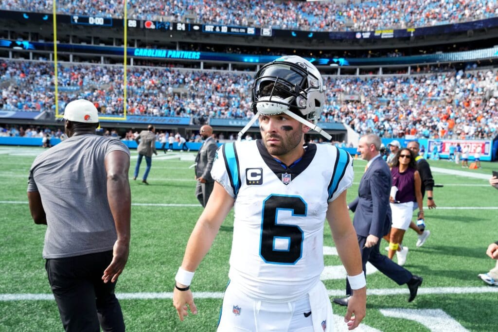 Sep 11, 2022; Charlotte, North Carolina, USA; Carolina Panthers quarterback Baker Mayfield (6) after the game at Bank of America Stadium. Mandatory Credit: Bob Donnan-USA TODAY Sports