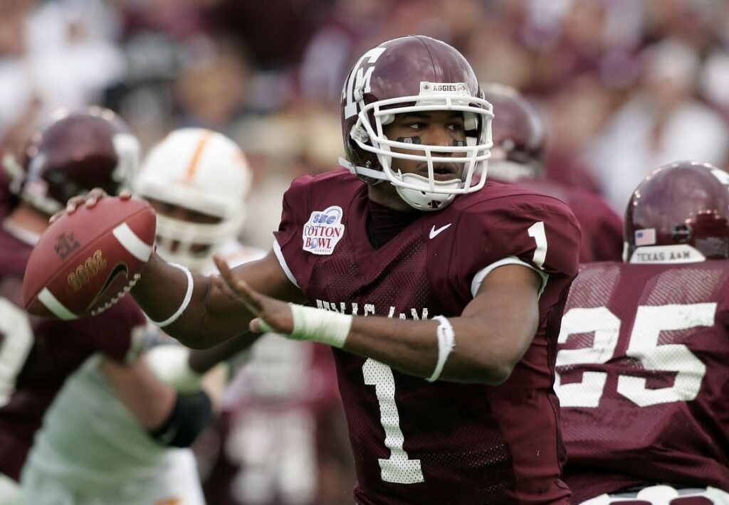 Texas A&M Aggie quarterback Reggie McNeal #1 passes against the Tennessee Volunteers at the Cotton Bowl in Dallas Texas. Mandatory Credit: Photo by Tim Heitman-USA TODAY Sports (c) Copyright 2004 Tim Heitman