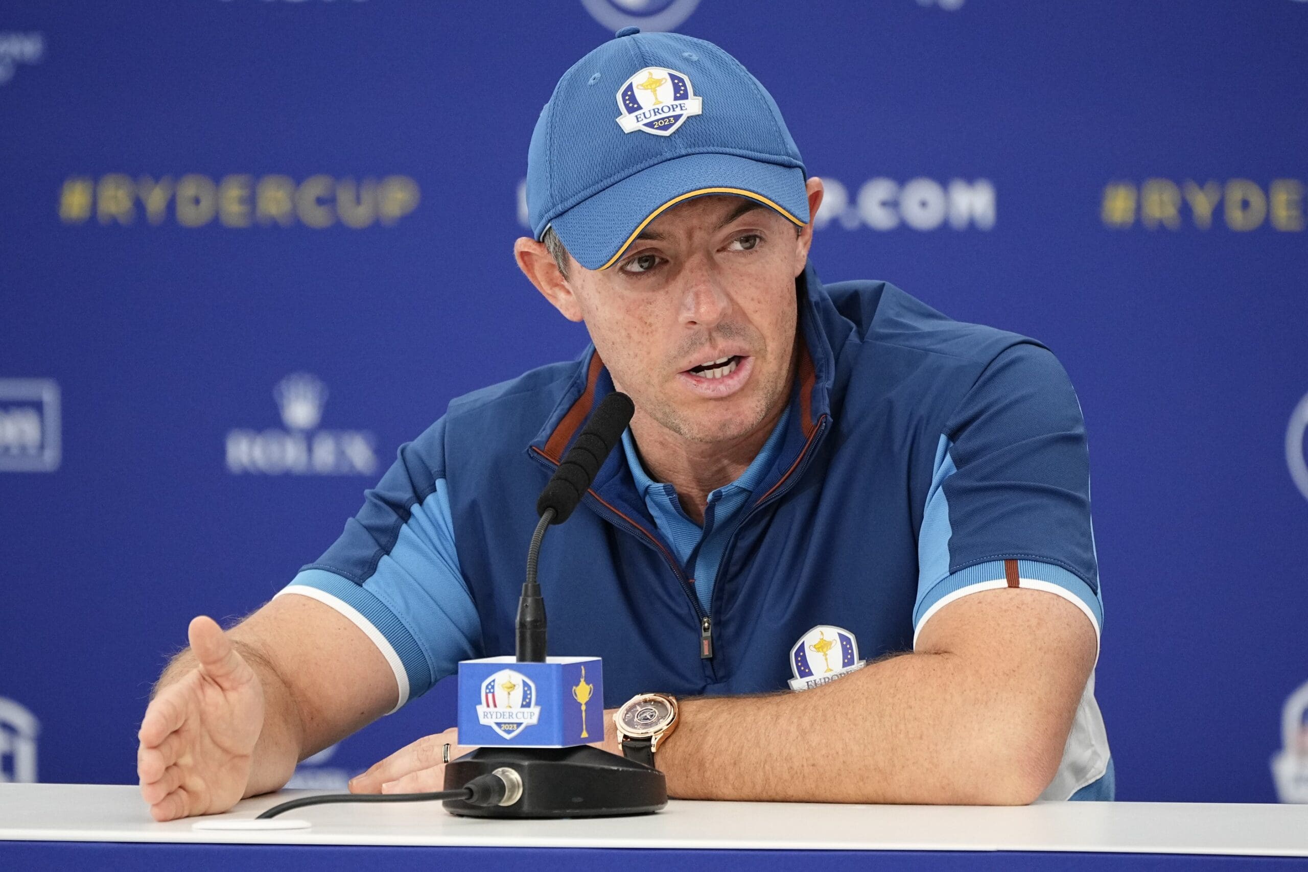 Sep 27, 2023; Rome, ITA; Team Europe golfer Rory McIlroy addresses the media in a press conference during a practice day for the Ryder Cup golf competition at Marco Simone Golf and Country Club. Mandatory Credit: Adam Cairns-USA TODAY Sports