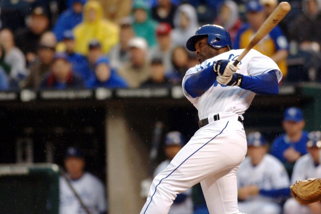 Apr 29, 2006; Kansas City, MO, USA: Kansas City Royals right fielder (16) Reggie Sanders hits a grand slam in the bottom of the first inning against the Oakland Athletics at Kauffman Stadium in Kansas City, MO. Mandatory Credit: Denny Medley-USA TODAY Sports Copyright (c) Denny Medley