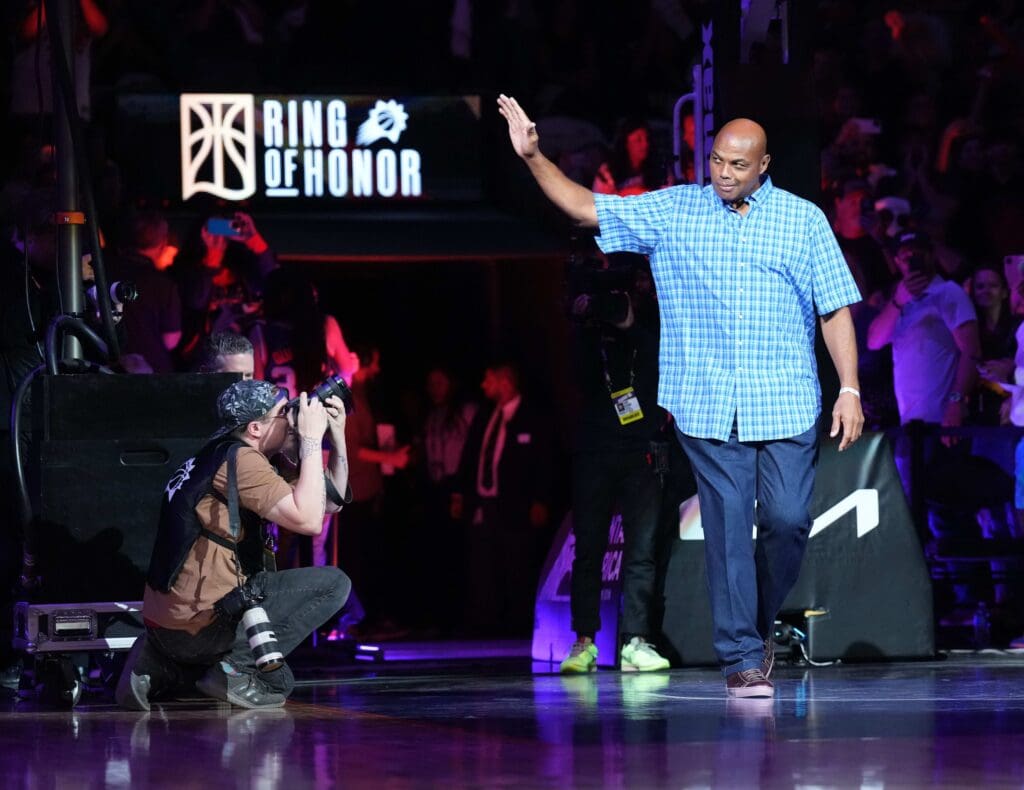 Oct 28, 2023; Phoenix, Arizona, USA; Phoenix Suns legend Charles Barkley greets fans during a Ring of Honor half time ceremony of the game against the Utah Jazz at Footprint Center. Mandatory Credit: Joe Camporeale-USA TODAY Sports