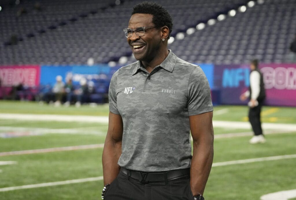 Mar 2, 2024; Indianapolis, IN, USA; NFL Hall of Fame player Michael Irvin during the 2024 NFL Combine at Lucas Oil Stadium. Mandatory Credit: Kirby Lee-USA TODAY Sports