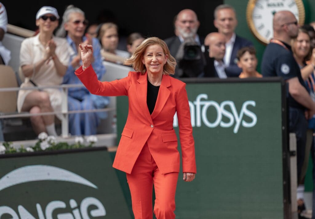 Jun8, 2024; Paris, France; Chris Evert enters the court for the trophy presentation on day 14 of Roland Garros at Stade Roland Garros. Mandatory Credit: Susan Mullane-USA TODAY Sports