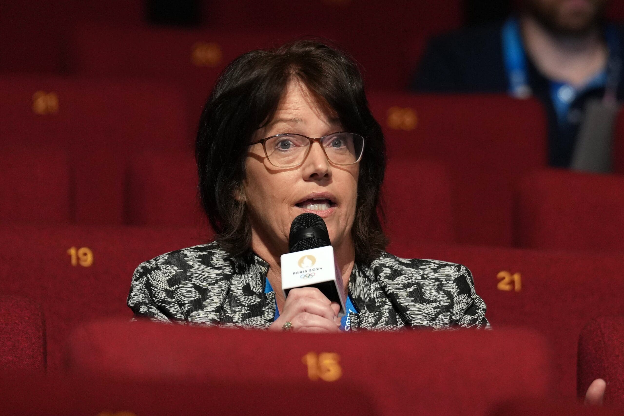 Jul 24, 2024; Paris, France; USA Today Sports columnist Christine Brennan during an IOC press conference to announce Salt Lake City as host of the 2034 Winter Olympics at the Paris 2024 Olympics main press center at the Palais des congres de Paris. Mandatory Credit: Kirby Lee-USA TODAY Sports