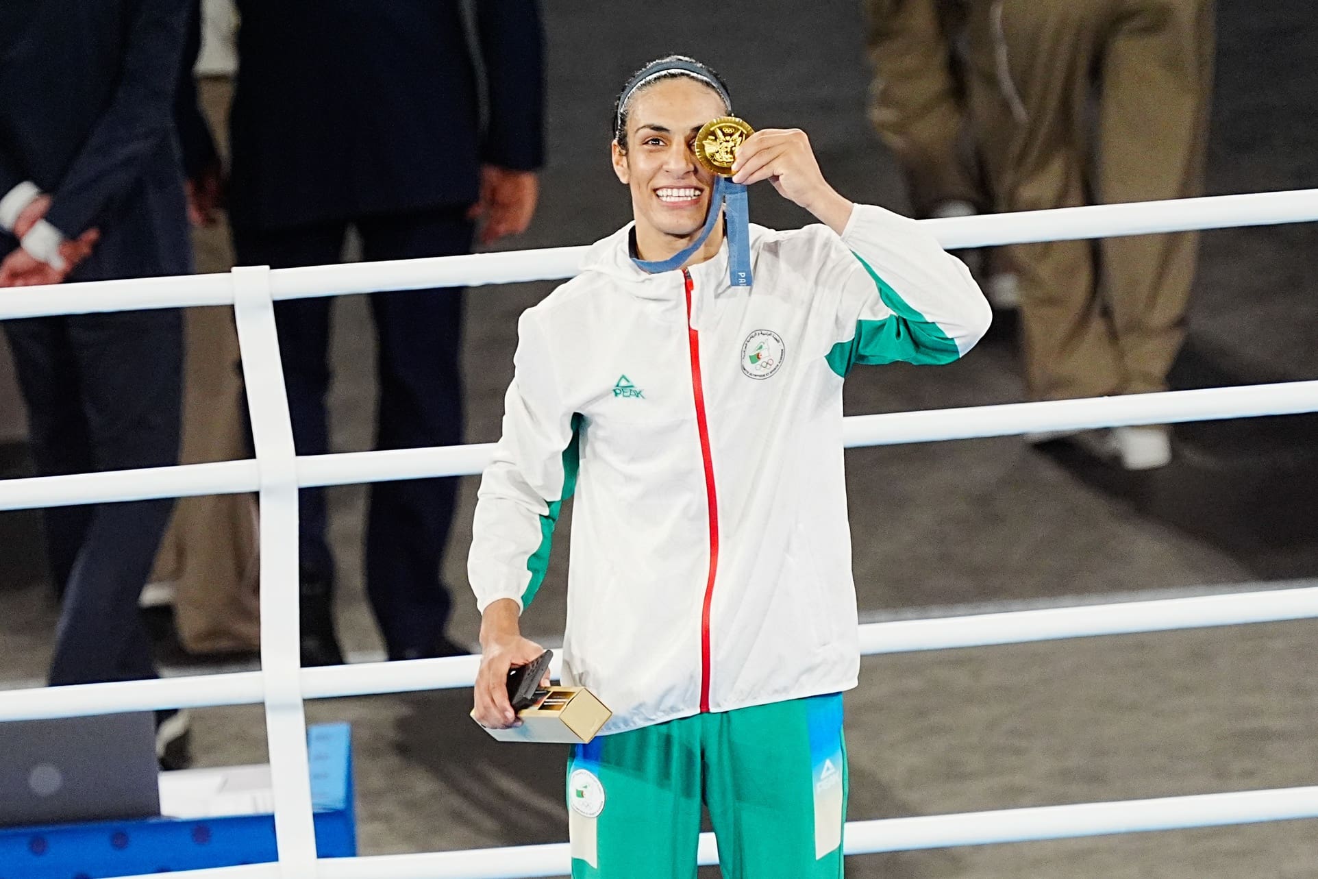 Aug 9, 2024; Paris, France; Imane Khelif (ALG) poses with her gold medal in a women’s 66kg victory ceremony during the Paris 2024 Olympic Summer Games at Stade Roland Garros. Mandatory Credit: Andrew P. Scott-USA TODAY Sports
