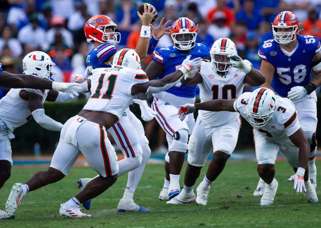 Florida Gators quarterback Graham Mertz (15) is sacked during the season opener at Ben Hill Griffin Stadium in Gainesville, FL on Saturday, August 31, 2024 against the University of Miami Hurricanes in the second half. Miami defeated the Gators 41-17. [Doug Engle/Gainesville Sun]