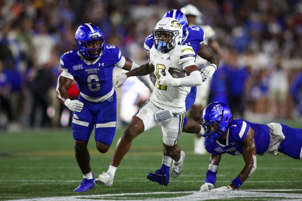 Aug 31, 2024; Atlanta, Georgia, USA; Georgia Tech Yellow Jackets wide receiver Malik Rutherford (8) runs after a catch against Georgia State Panthers in the third quarter at Bobby Dodd Stadium at Hyundai Field. Mandatory Credit: Brett Davis-USA TODAY Sports
