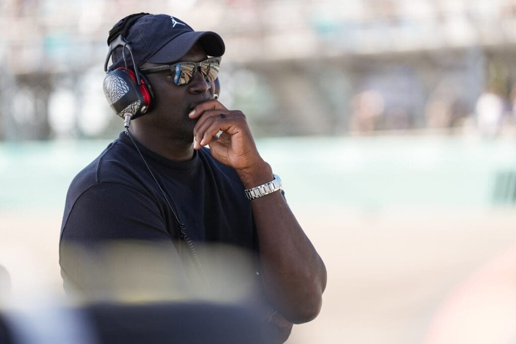 Oct 27, 2024; Homestead, Florida, USA; 23XI team owner Michael Jordan watches during the Straight Talk Wireless 400 at Homestead-Miami Speedway. Mandatory Credit: Jasen Vinlove-Imagn Images