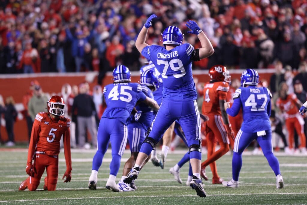 Nov 9, 2024; Salt Lake City, Utah, USA; Brigham Young Cougars offensive lineman Kaden Chidester (79) reacts after a field goal to defeat the Utah Utes at Rice-Eccles Stadium. Mandatory Credit: Rob Gray-Imagn Images