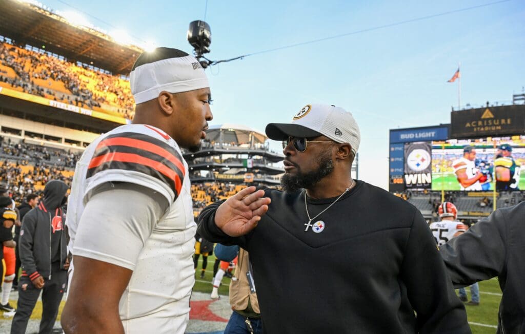 Dec 8, 2024; Pittsburgh, Pennsylvania, USA; Cleveland Browns quarterback Jameis Winston (5) following their game at Acrisure Stadium. Mandatory Credit: Dec 8, 2024; Pittsburgh, Pennsylvania, USA; Pittsburgh Steelers head coach Mike Tomlin talks with Cleveland Browns quarterback Jameis Winston (5) following their game at Acrisure Stadium. Mandatory Credit: Barry Reeger-Imagn Images