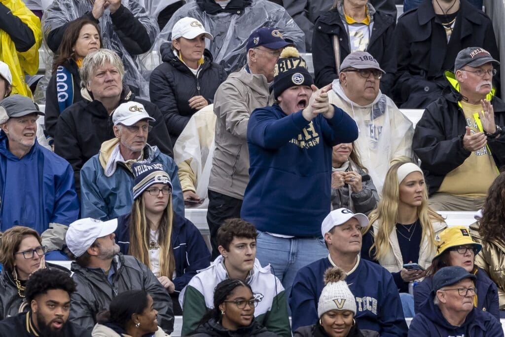 Dec 27, 2024; Birmingham, AL, USA; Georgia Tech Yellow Jackets fans react during the first half of the 2024 Birmingham Bowl at Protective Stadium.