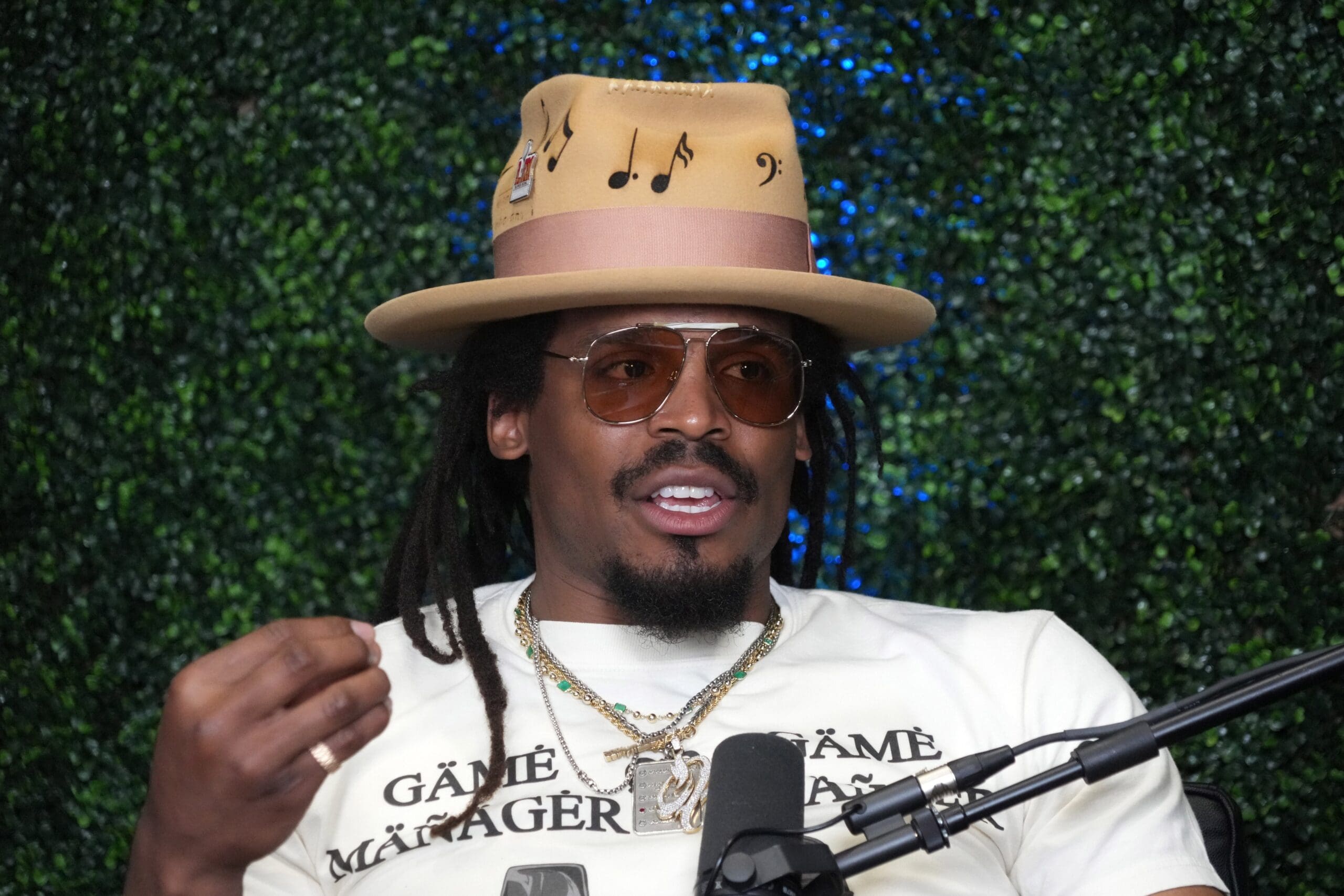 Feb 7, 2025; New Orleans, LA, USA; Cam Newton on Radio Row at the Super Bowl LIX media center. Mandatory Credit: Kirby Lee-Imagn Images