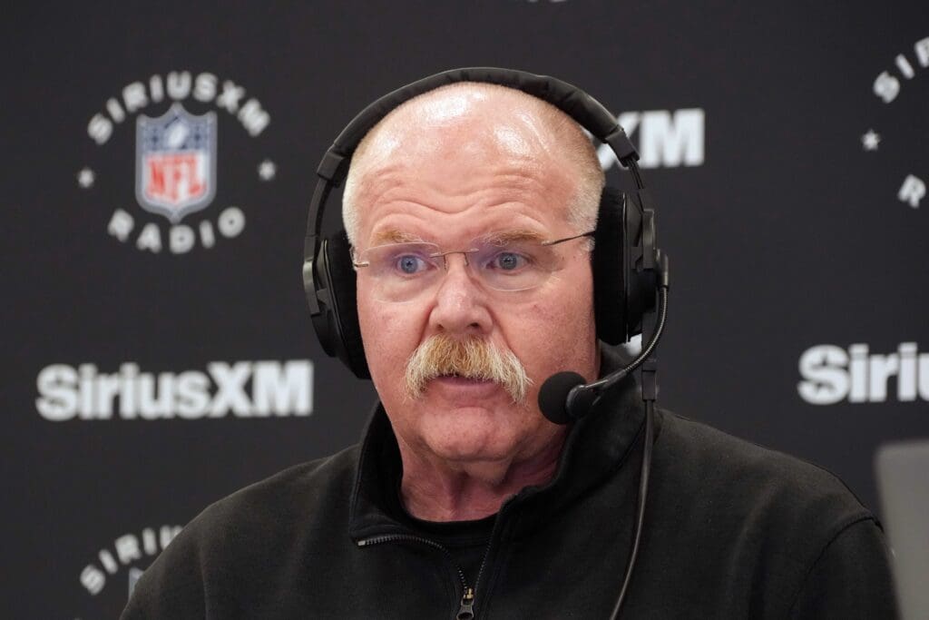 Feb 25, 2025; Indianapolis, IN, USA; Kansas City Chiefs oach Andy Reid on the SiriusXM radio set at the NFL Scouting Combine at the Indiana Convention Center. Mandatory Credit: Kirby Lee-Imagn Images