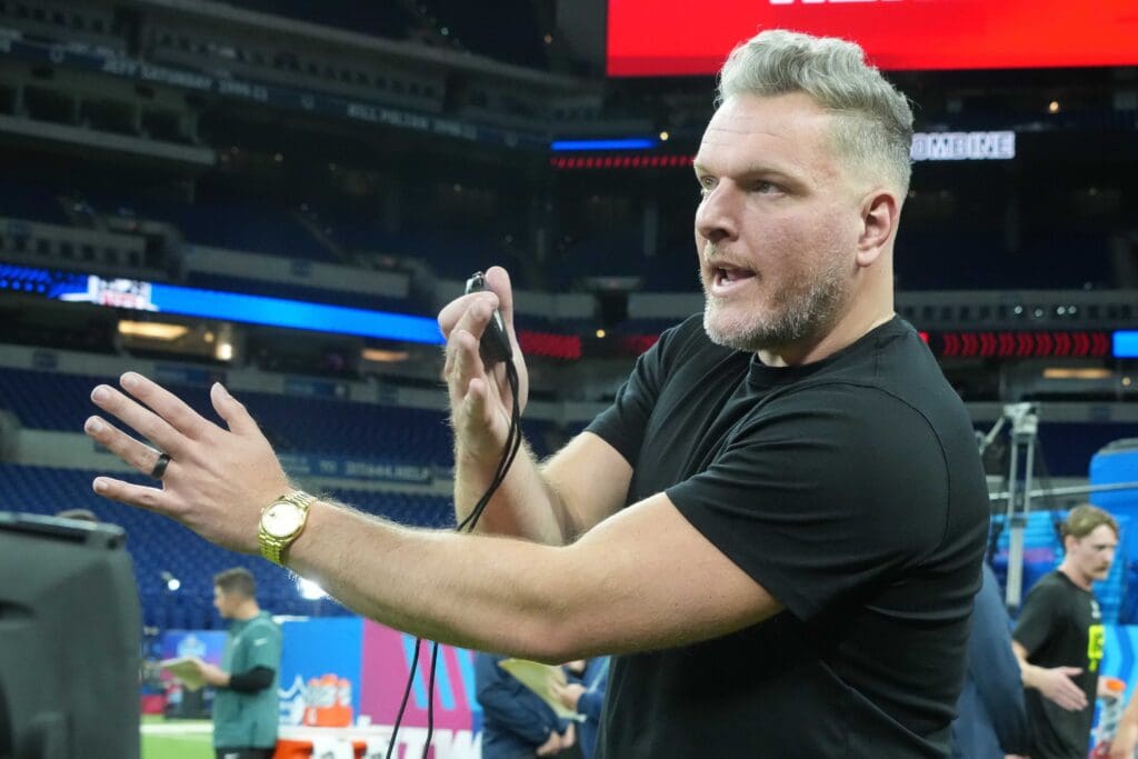 Feb 27, 2025; Indianapolis, IN, USA; Pat McAfee watches workouts at the 2025 NFL Scouting Combine at Lucas Oil Stadium. Mandatory Credit: Kirby Lee-Imagn Images