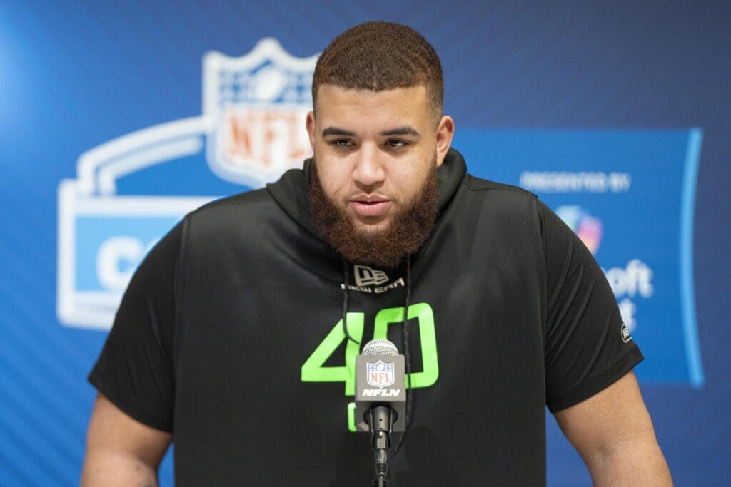 Mar 1, 2025; Indianapolis, IN, USA; Clemson University offensive lineman Marcus Tate (OL40) answers questions at a press conference during the 2025 NFL Combine at Indiana Convention Center. Mandatory Credit: Jacob Musselman-Imagn Images