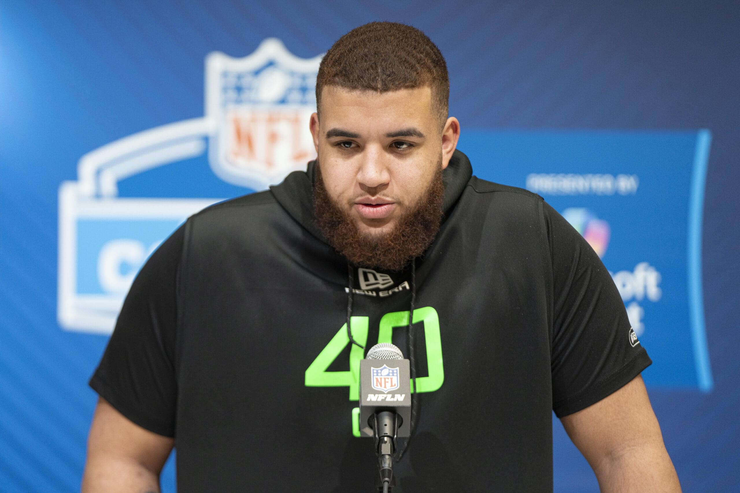 Mar 1, 2025; Indianapolis, IN, USA; Clemson University offensive lineman Marcus Tate (OL40) answers questions at a press conference during the 2025 NFL Combine at Indiana Convention Center. Mandatory Credit: Jacob Musselman-Imagn Images