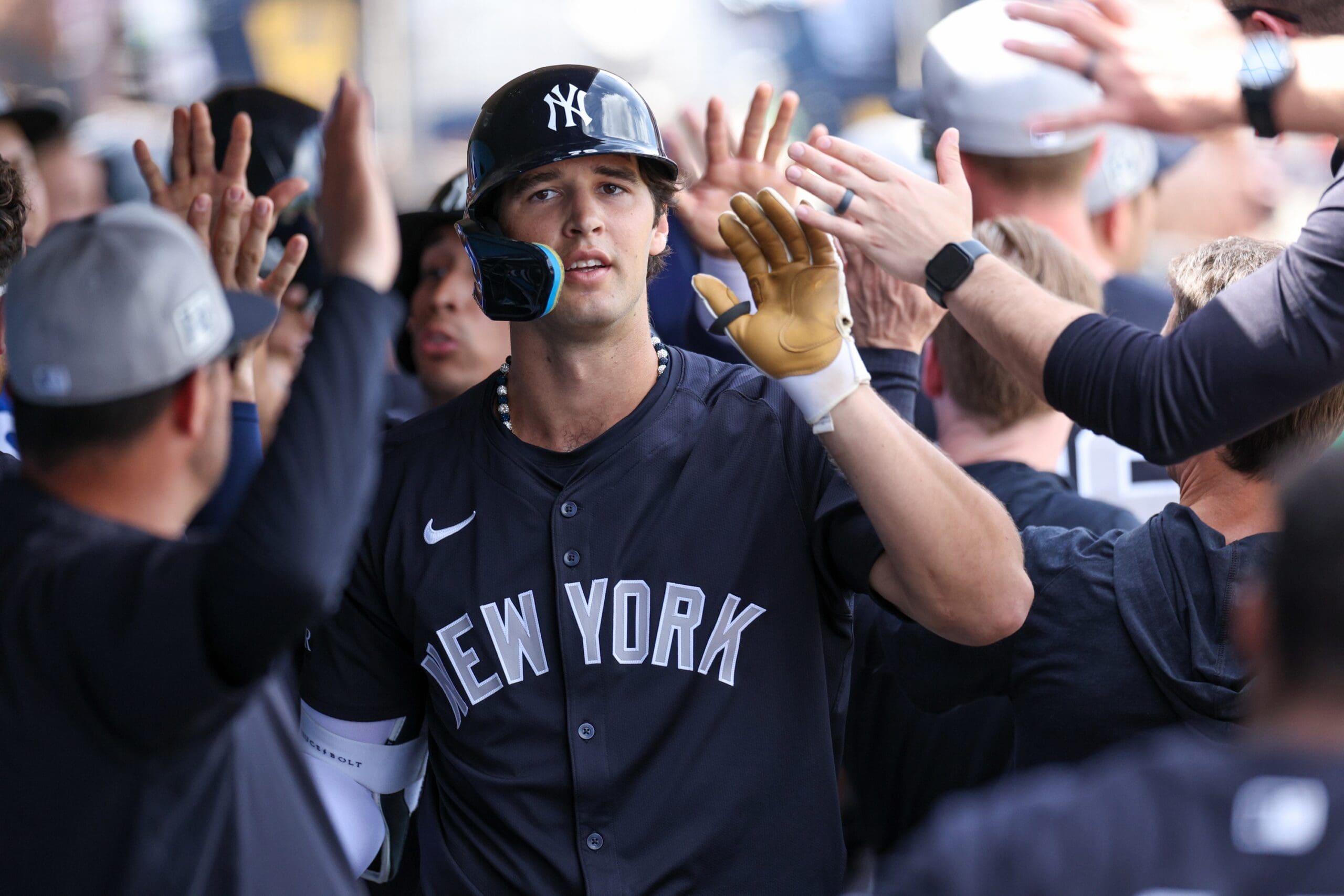 Mar 4, 2025; Clearwater, Florida, USA; New York Yankees outfielder Spencer Jones (78) celebrates after hitting a three-run home run against the Philadelphia Phillies in the third inning during spring training at BayCare Ballpark. Mandatory Credit: Nathan Ray Seebeck-Imagn Images