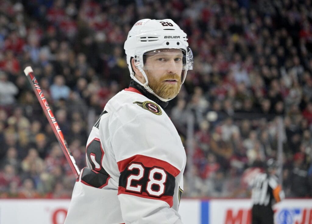 Mar 18, 2025; Montreal, Quebec, CAN; Ottawa Senators forward Claude Giroux (28) during the second period of the game against the Montreal Canadiens at the Bell Centre. Mandatory Credit: Eric Bolte-Imagn Images
