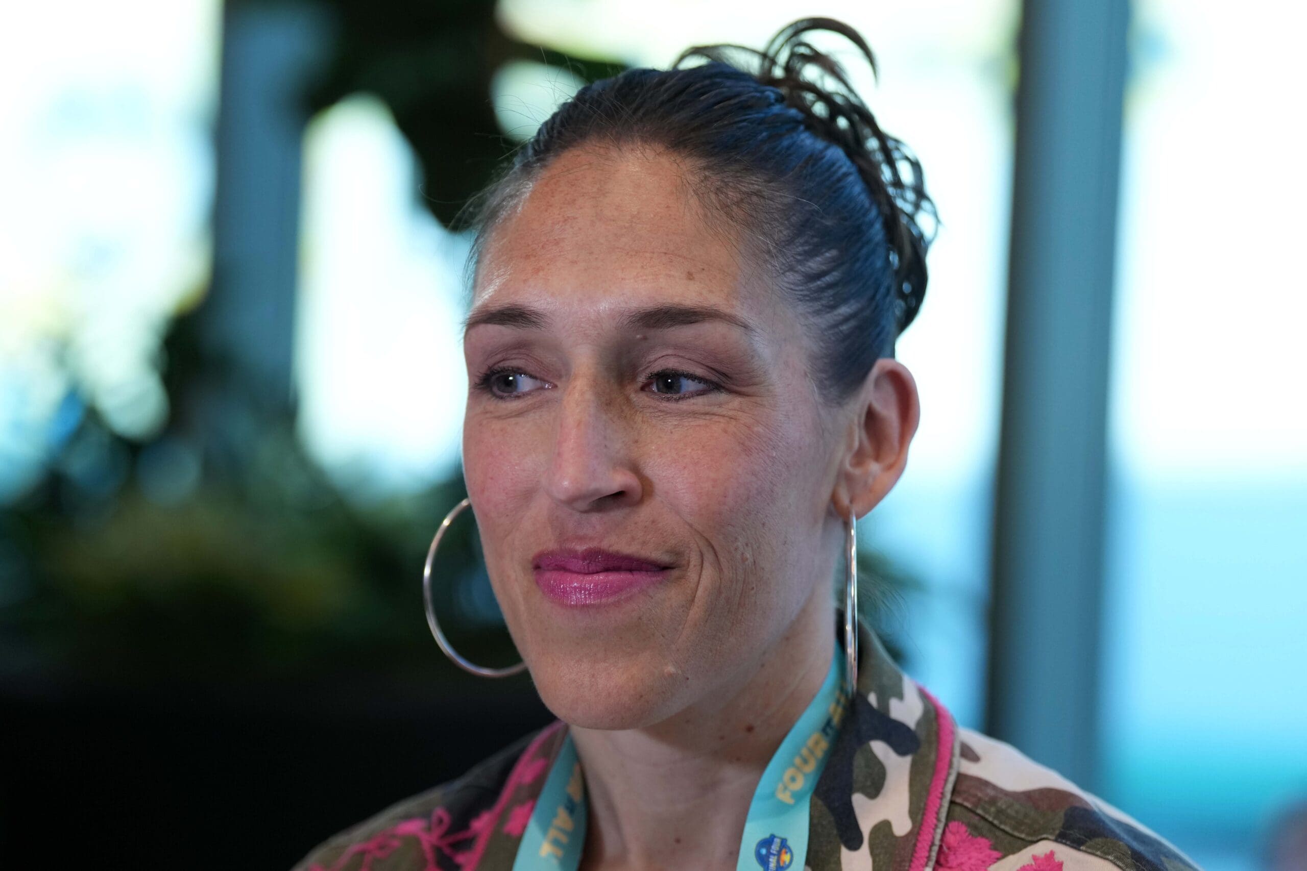 Apr 3, 2025; Tampa, FL, USA; ESPN analyst Rebecca Lobo at Amalie Arena. Mandatory Credit: Kirby Lee-Imagn Images