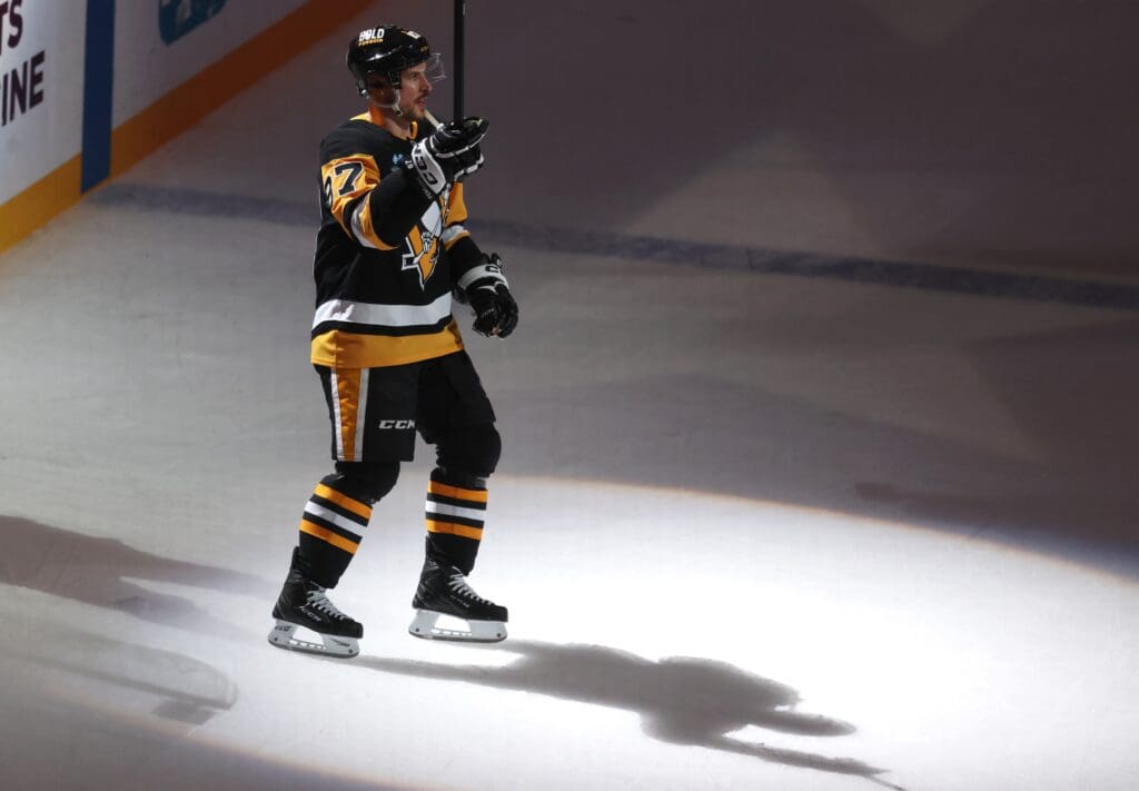 Apr 17, 2025; Pittsburgh, Pennsylvania, USA; Pittsburgh Penguins center Sidney Crosby (87) reacts after being named a star of the game against the Washington Capitals at PPG Paints Arena. Mandatory Credit: Charles LeClaire-Imagn Images