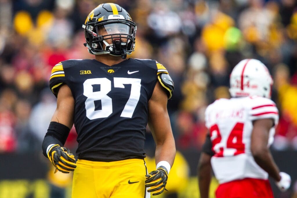 Iowa tight end Noah Fant (87) looks up during a Big Ten Conference NCAA football game on Friday, Nov. 23, 2018, at Kinnick Stadium in Iowa City. The Seattle Seahawks made Fant a first-round pick in 2019.