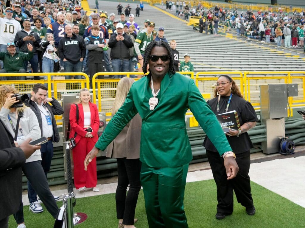 NFL draft prospect, Shemar Stewart of Texas A&M, arrives during the NFL Draft Red Carpet event at Lambeau Field in Green Bay on Thursday, April 24, 2025.