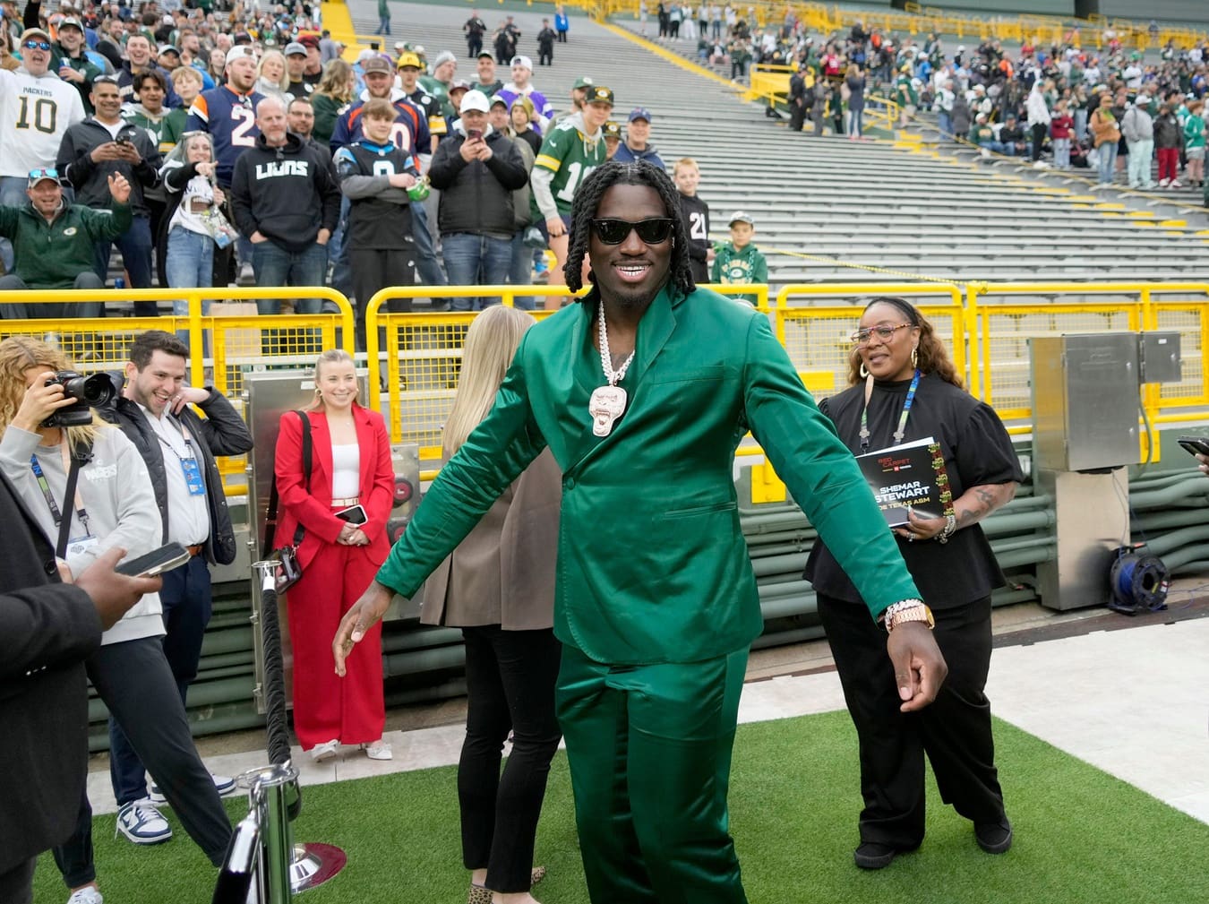 NFL draft prospect, Shemar Stewart of Texas A&M, arrives during the NFL Draft Red Carpet event at Lambeau Field in Green Bay on Thursday, April 24, 2025.