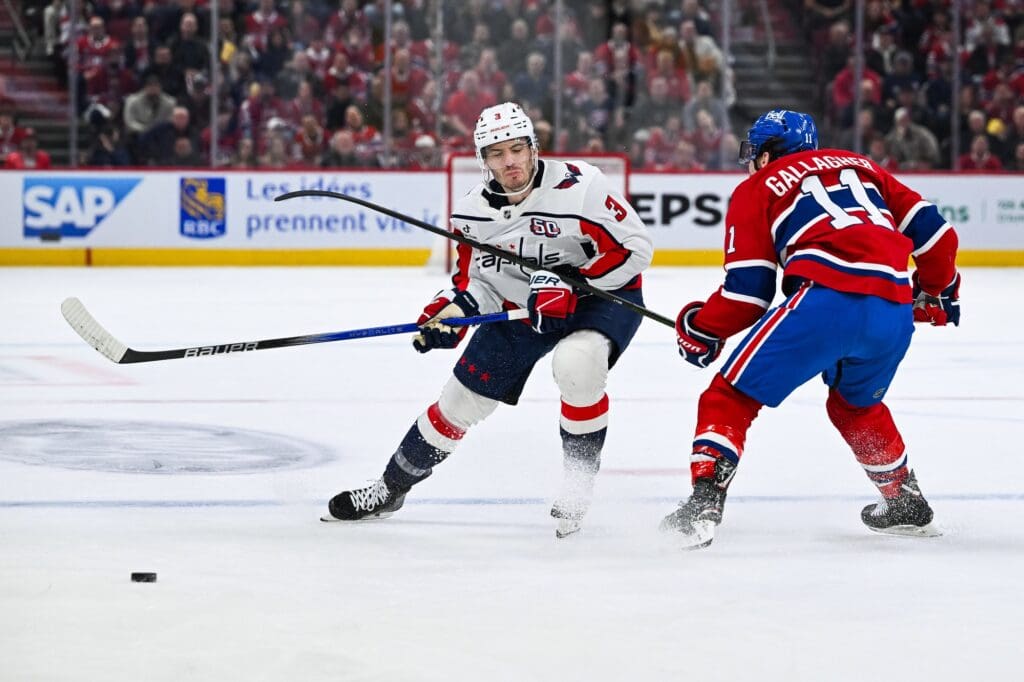 Apr 27, 2025; Montreal, Quebec, CAN; Montreal Canadiens right wing Brendan Gallagher (11) defends against Washington Capitals defenseman Matt Roy (3) during the second period in game four of the first round of the 2025 Stanley Cup Playoffs at Bell Centre. Mandatory Credit: David Kirouac-Imagn Images