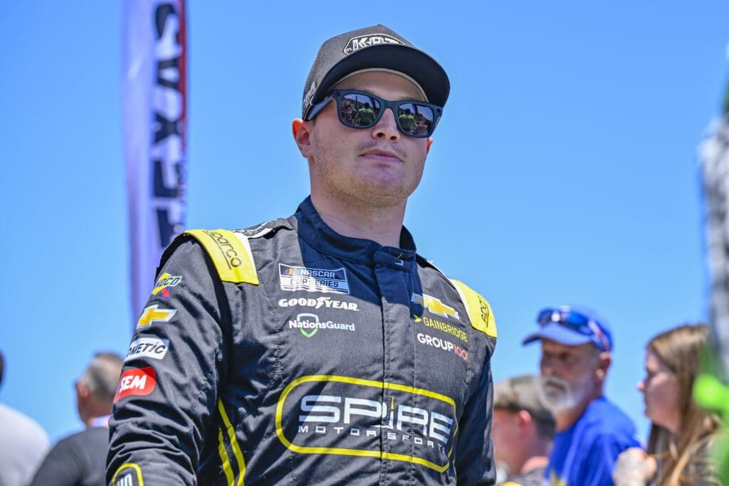 May 4, 2025; Fort Worth, Texas, USA; NASCAR Cup Series driver Justin Haley (7) is introduced before the start of the Wurth 400 race at Texas Motor Speedway. Mandatory Credit: Jerome Miron-Imagn Images