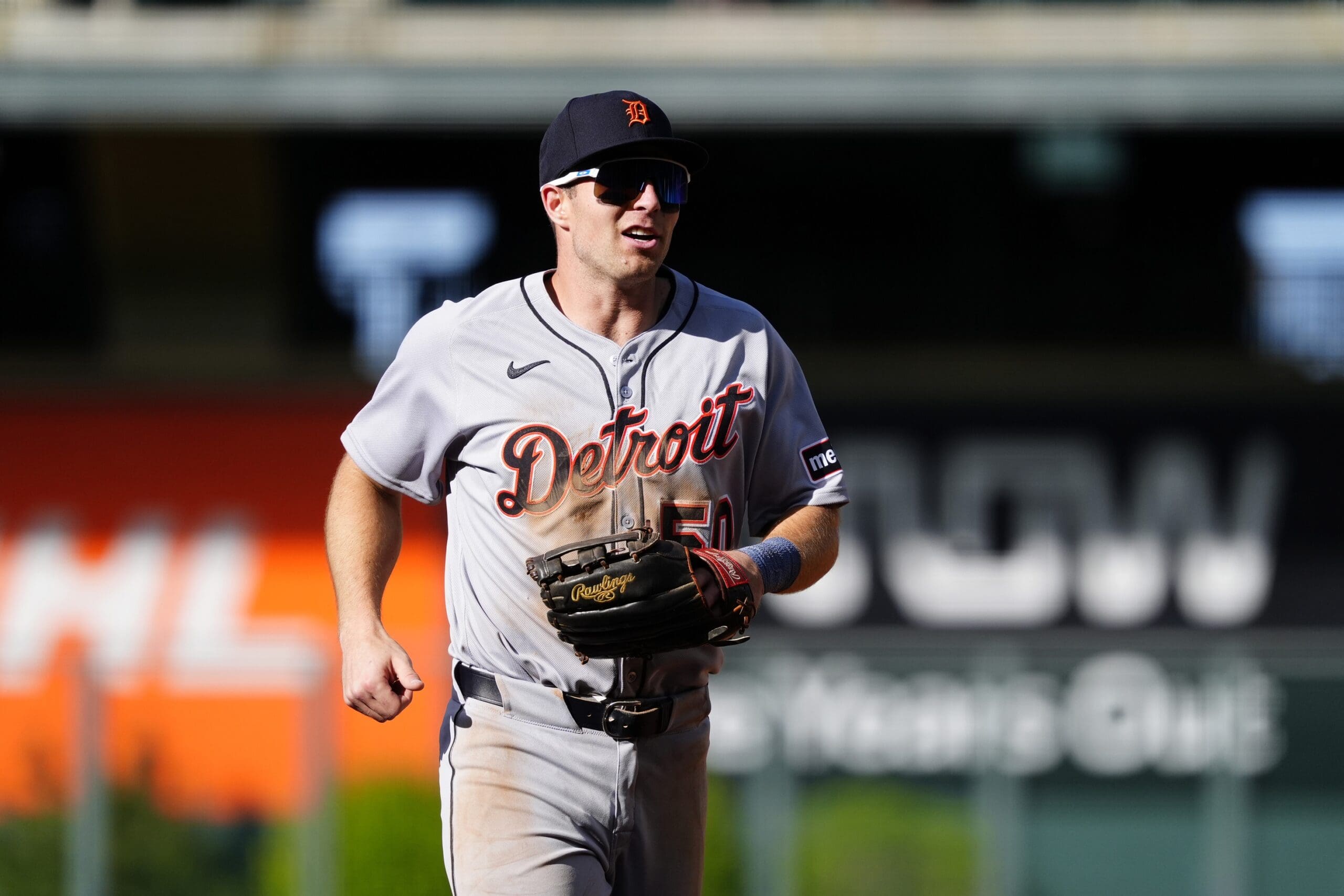 May 8, 2025; Denver, Colorado, USA; Detroit Tigers center fielder Brewer Hicklen (50) during the fifth inning against the Colorado Rockies at Coors Field. Mandatory Credit: Ron Chenoy-Imagn Images