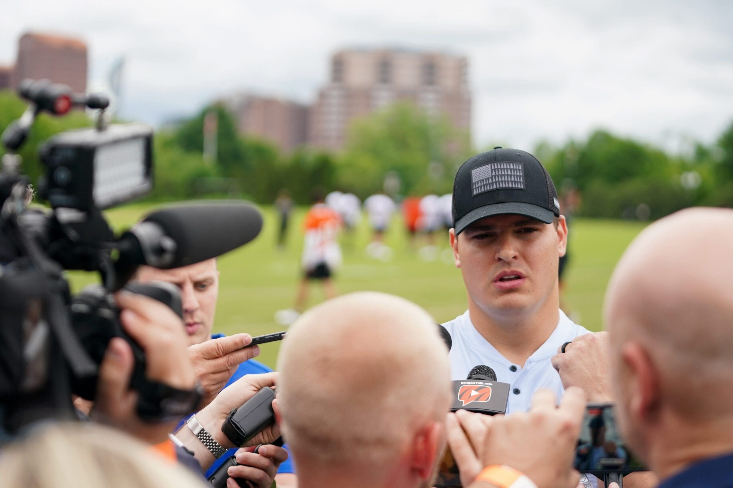 Cincinnati Bengals Trey Hendrickson speaks at a press conference after practice, Tuesday, May 13, 2025, at Kettering Health Practice Fields in Downtown Cincinnati.
