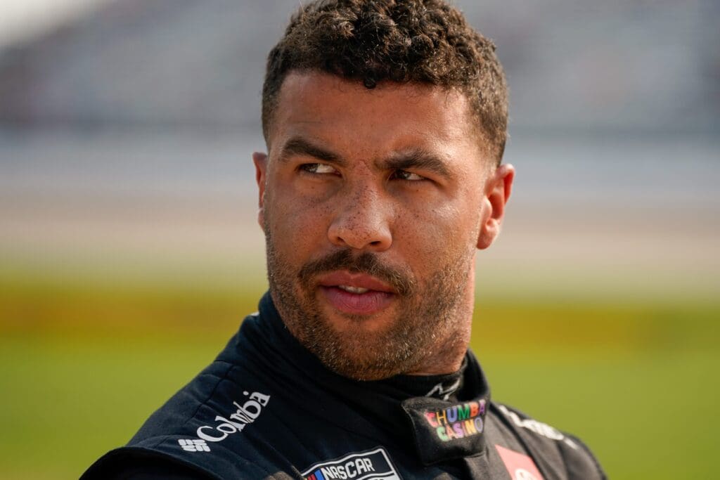 NASCAR Cup Series driver Bubba Wallace exits his car during qualification for the Cracker Barrel 400 at Nashville Superspeedway in Lebanon, Tenn., Saturday, May 31, 2025.
