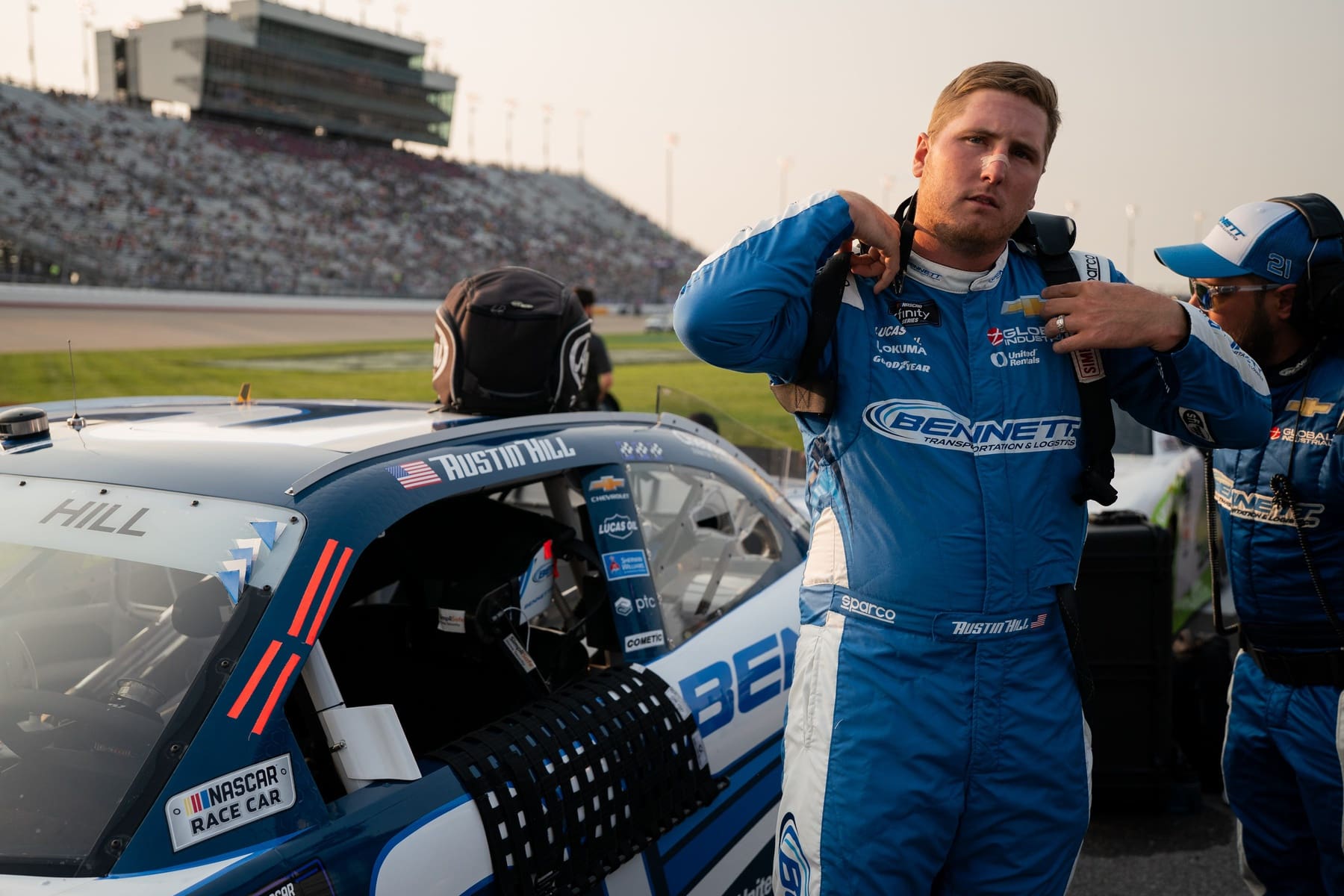 NASCAR Xfinity Series driver Austin Hill suits up before the Tennessee Lottery 250 at Nashville Superspeedway in Lebanon, Tenn., Saturday, May 31, 2025.