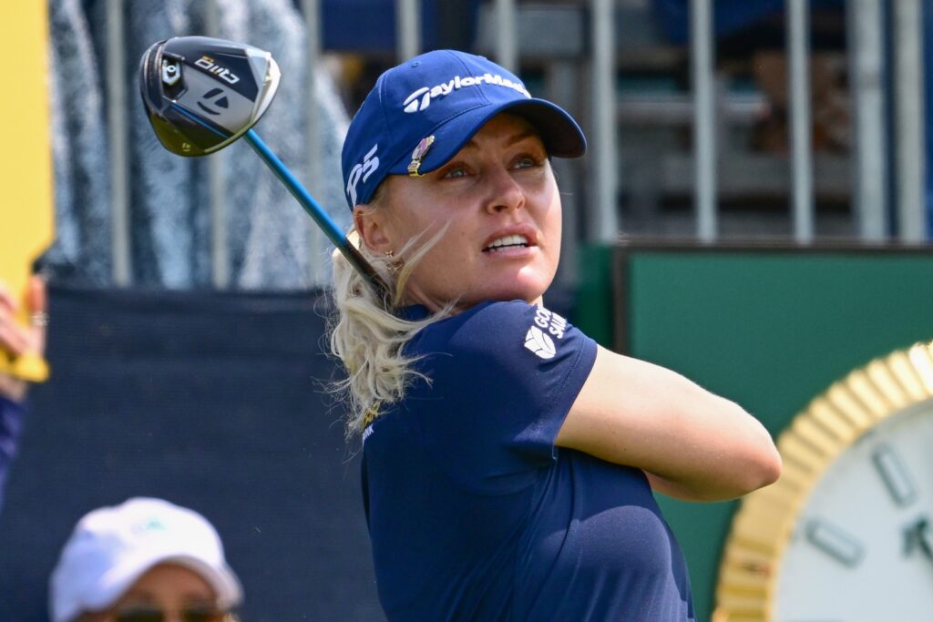 Jun 1, 2025; Erin, Wisconsin, USA; Charley Hull tees off during the final round of the U.S. Women's Open golf tournament. Mandatory Credit: Benny Sieu-Imagn Images
