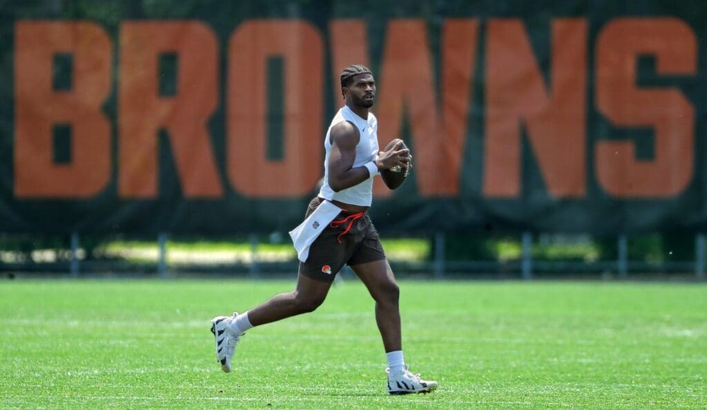 Cleveland Browns quarterback Shedeur Sanders puts in extra work after practice during NFL minicamp, Wednesday, June 11, 2025, in Berea, Ohio.