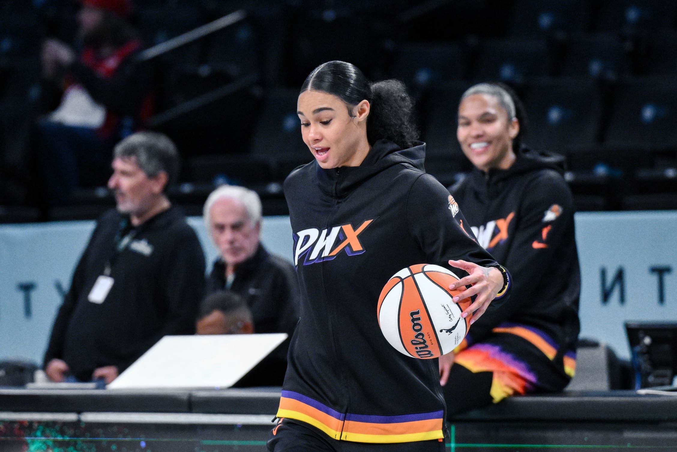Jun 19, 2025; Brooklyn, New York, USA; Phoenix Mercury forward Satou Sabally (0) warms up before a game against the New York Liberty at Barclays Center. Mandatory Credit: John Jones-Imagn Images