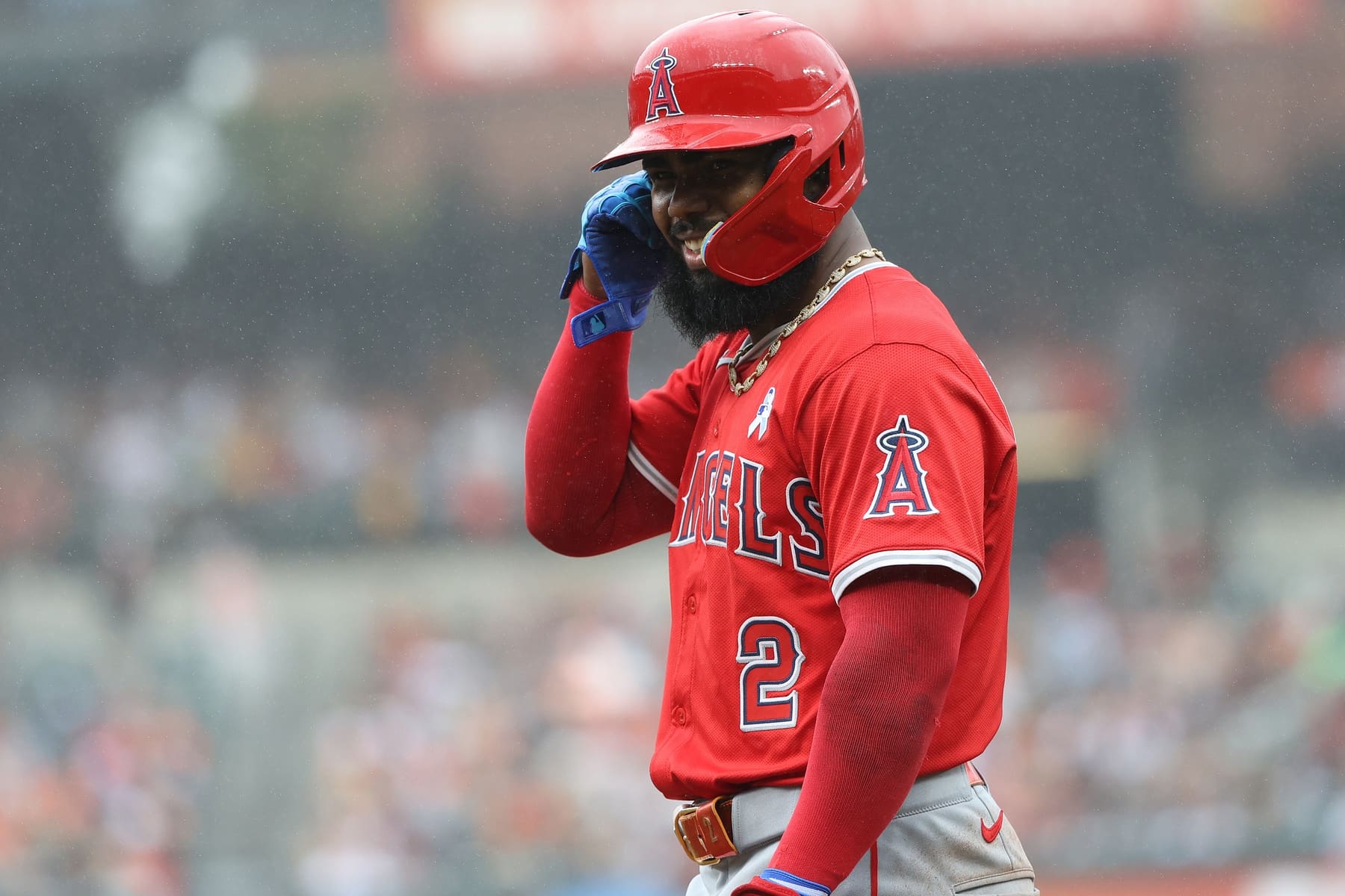 Jun 15, 2025; Baltimore, Maryland, USA; Los Angeles Angels third baseman Luis Rengifo (2) looks on during the seventh inning against the Baltimore Orioles at Oriole Park at Camden Yards. Mandatory Credit: Daniel Kucin Jr.-Imagn Images