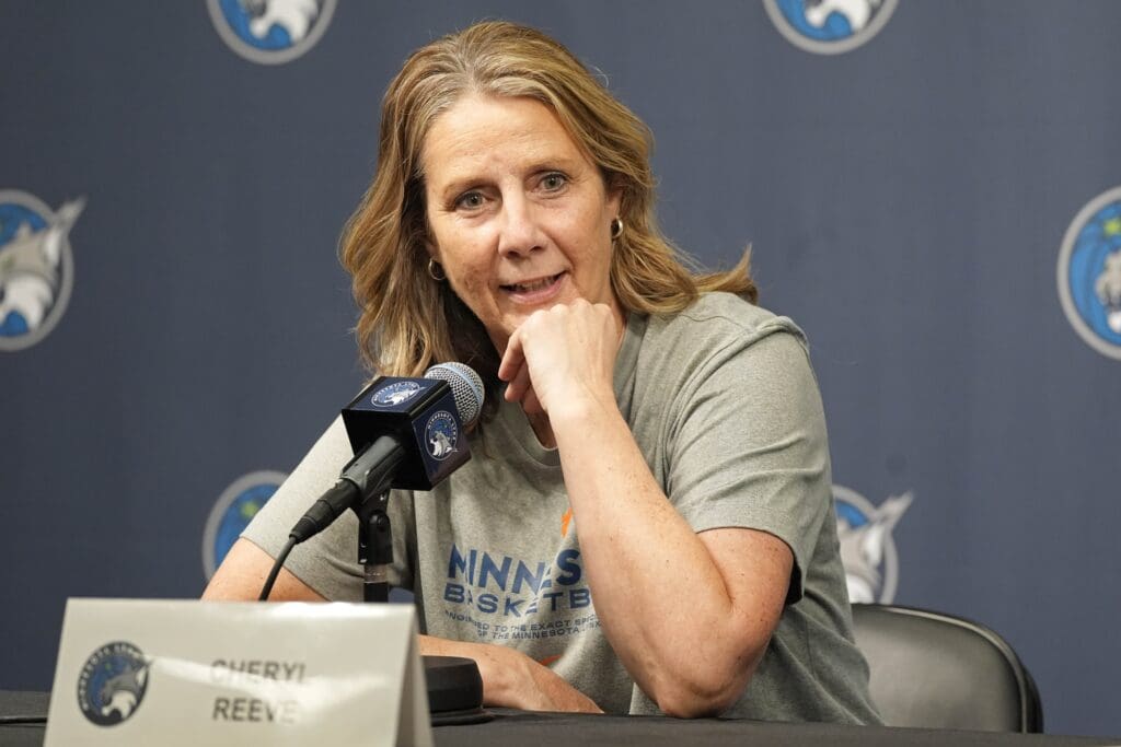 Jun 21, 2025; Minneapolis, Minnesota, USA; Minnesota Lynx head coach Cheryl Reeve answers questions from the media before the game with the Los Angeles Sparks at Target Center. Mandatory Credit: Bruce Kluckhohn-Imagn Images