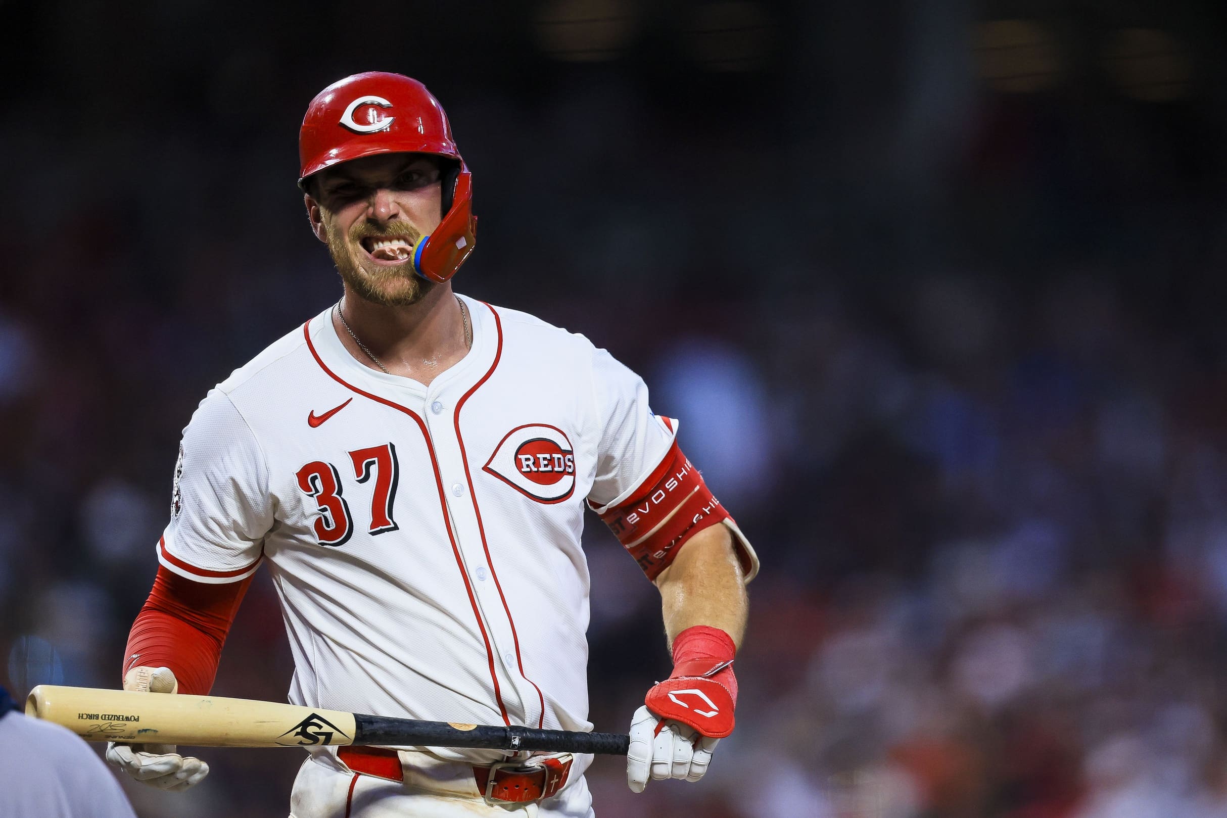 Jun 24, 2025; Cincinnati, Ohio, USA; Cincinnati Reds catcher Tyler Stephenson (37) reacts after a play in the seventh inning against the New York Yankees at Great American Ball Park. Mandatory Credit: Katie Stratman-Imagn Images