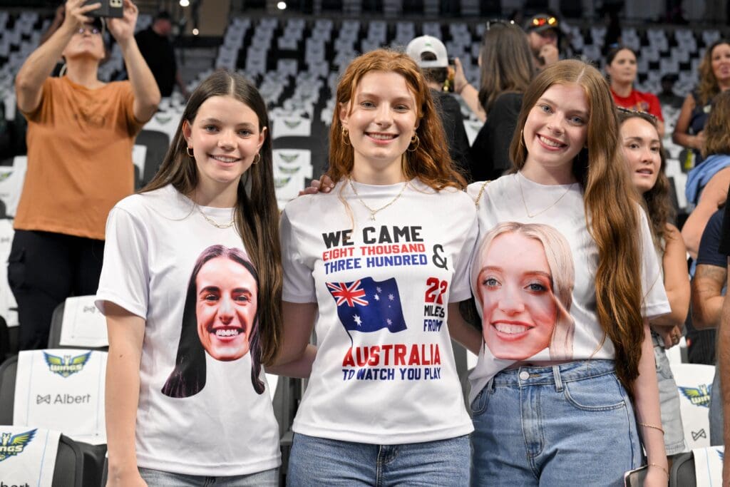 Jun 27, 2025; Dallas, Texas, USA; A view of fans from Australia wearing shirts of Indiana Fever guard Caitlin Clark and Dallas Wings guard Paige Bueckers before the game between the Dallas Wings and the Indiana Fever during the first quarter at the American Airlines Center. Mandatory Credit: Jerome Miron-Imagn Images