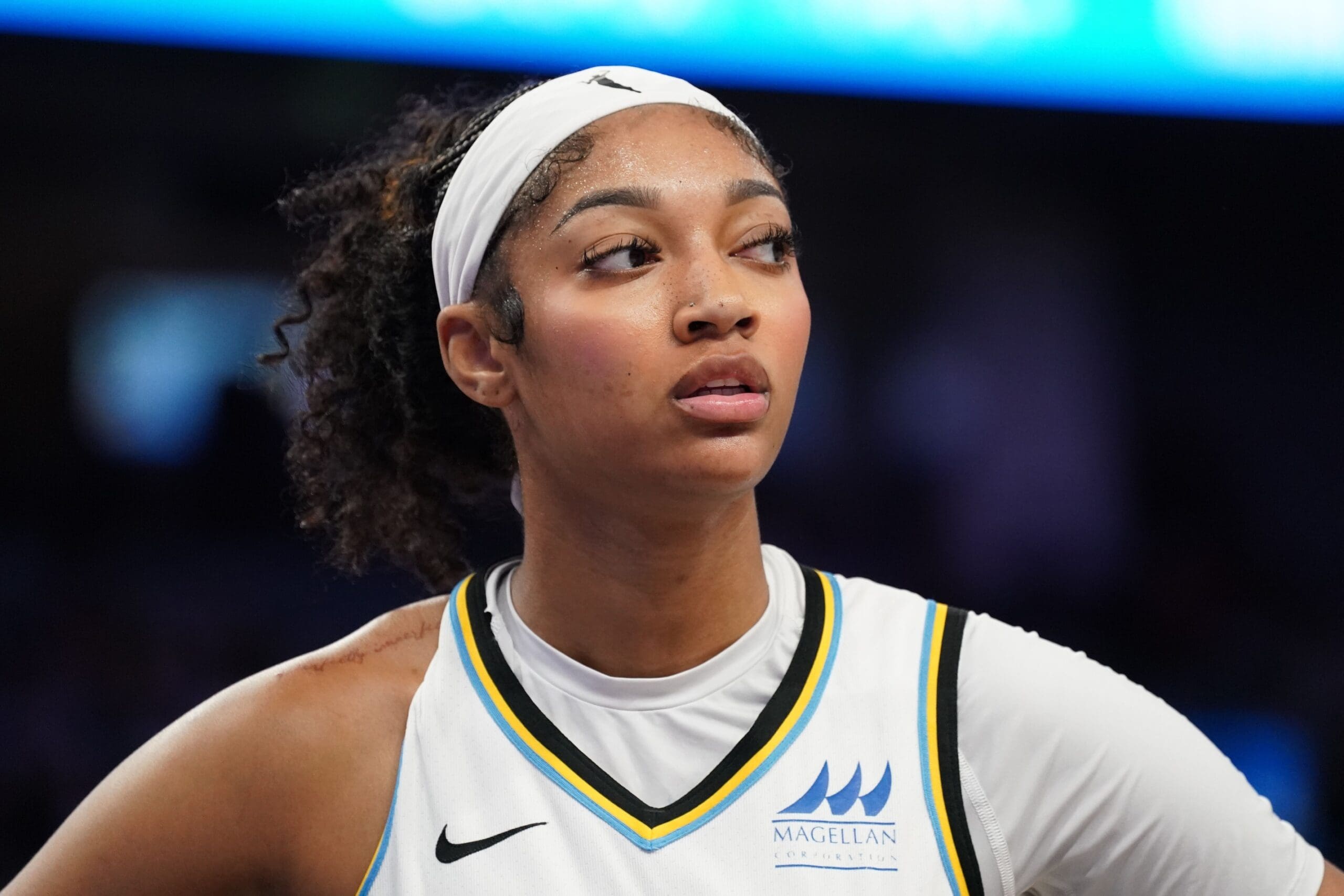 June 27, 2025; San Francisco, California, USA; Chicago Sky forward Angel Reese (5) waits for play to resume in the second quarter against the Golden State Valkyries at Chase Center. Mandatory Credit: David Gonzales-Imagn Images