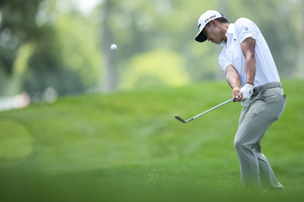 Jun 28, 2025; Detroit, Michigan, USA; Collin Morikawa plays his shot on the fourth hole during the third round of the Rocket Mortgage Classic golf tournament. Mandatory Credit: Aaron Doster-Imagn Images