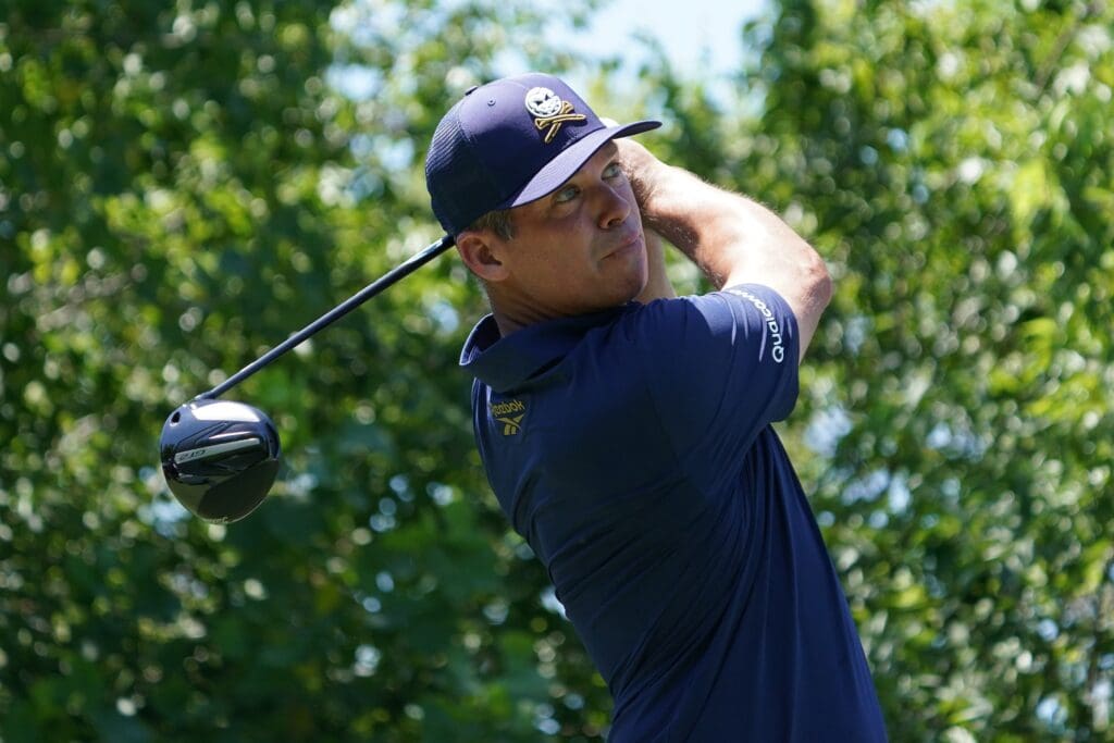 Jun 29, 2025; Carrollton, Texas, USA; Paul Casey plays his shot from the second tee during the final round of the LIV Golf Dallas golf tournament at Maridoe Golf Club. Mandatory Credit: Raymond Carlin III-Imagn Images